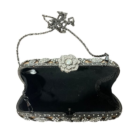Tasha Crystal Embellished Evening Clutch Bag Floral Design and Chain Strap - Picture 6 of 8